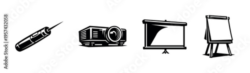 Black and white vector illustration of syringe projector screen and easel in silhouette style