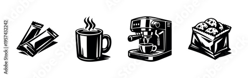 Vector illustration of coffee cup, espresso machine, sugar packets, and muffin bag in black and white silhouette style