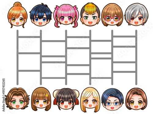 あみだくじでマッチングするちびキャラのイラスト素材2