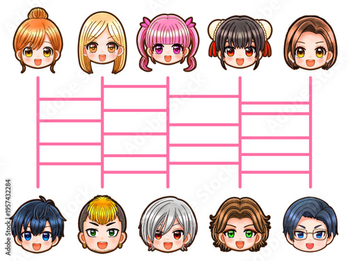 	あみだくじでマッチングするちびキャラのイラスト素材