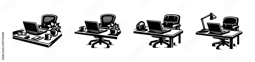 Fototapeta premium Black and white office desk setup illustrations featuring laptops and chairs in silhouette style