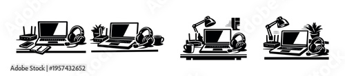Black and white vector illustration of office desk with laptop headphones and decor