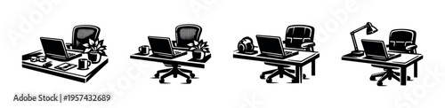 Black and white office desk setup illustrations featuring laptops and chairs in silhouette style
