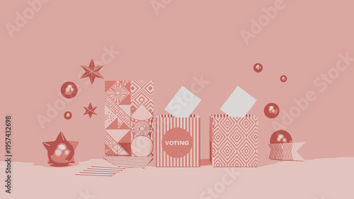 Pink gift boxes and wrapping paper on pink background presents ribbons bows