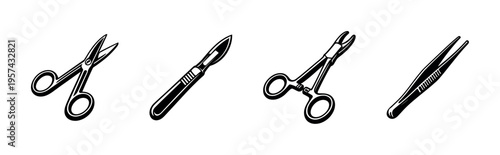 Vector illustration of surgical tools including scissors scalpel forceps, black and white medical elements