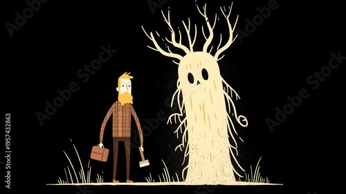 Whimsical Beard Man Axe Tree Spirit: Fantasy Art Folklore Illustration