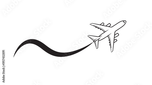 Airplane with a black swoosh trail creating a dynamic travel and aviation graphic for destinations and journeys.