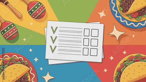 Tacos checklist with maracas on colorful background food mexican food illustration