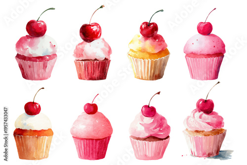 Delicious watercolor cupcakes with pink frosting and sweet red cherries, celebrating dessert, pastry, bakery, and snack concepts, perfect for party invitations and menus