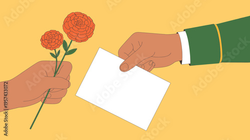 Hand holding flowers giving card green sleeve yellow background flat design illustration