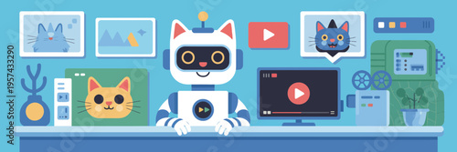 Robot cat at computer desk with screens video editing youtube blue background