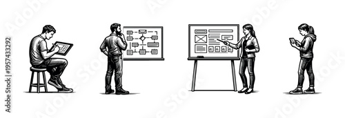 Black and white vector illustration of people engaged in digital tasks, planning, and presentation