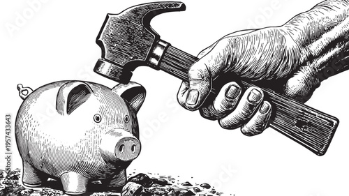 A vector illustration of a hand holding a hammer, about to smash a cute piggy bank, emergency fund, or savings jar.