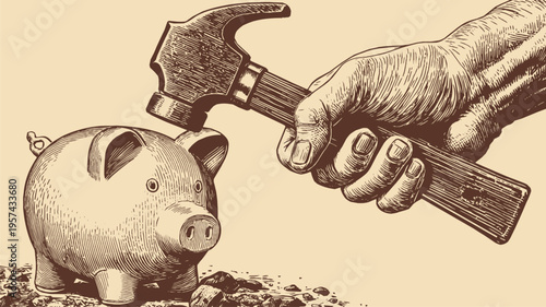 A vector illustration of a hand holding a hammer, about to smash a cute piggy bank, emergency fund, or savings jar.