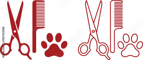Grooming tools and pet care symbols with paw prints in red and outline styles