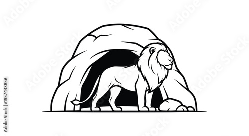 A majestic lion emerges from a rocky cave black silhouette