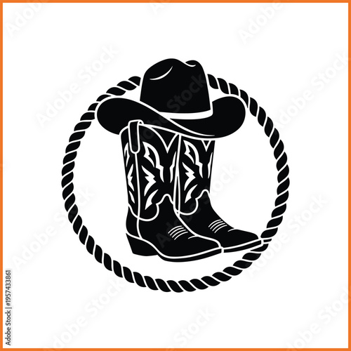 Cowboy Boots and Hat Silhouette with Floral Heart Detail Western Vector
