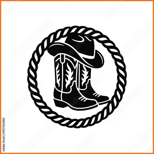 Cowboy Boots and Hat Silhouette with Floral Heart Detail Western Vector