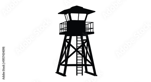 Black watchtower against a white background a stark silhouette