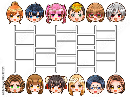 あみだくじでマッチングするちびキャラのイラスト素材3