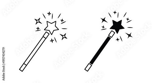 Two magic wands with sparkling stars a black and white silhouette