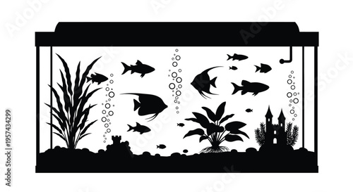 Aquarium scene with fish plants and castle in black silhouette