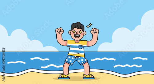 Happy kid playing at beach during summer holiday flat illustration