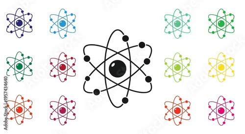 Colorful atom models with a prominent black silhouette