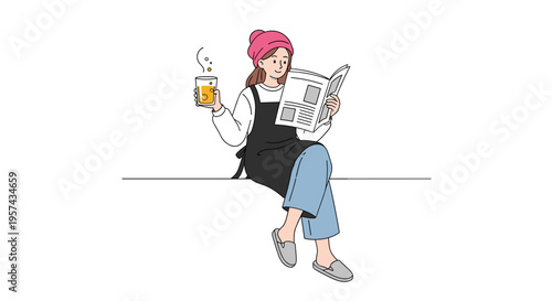 Young woman reading newspaper while drinking tea relaxed lifestyle flat illustration