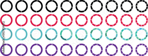Pie chart set, rotation round cycle process, recyclable sign. Set of round infographics. Rotation arrows in circular motion. recycling icons, segmented circle icons,
