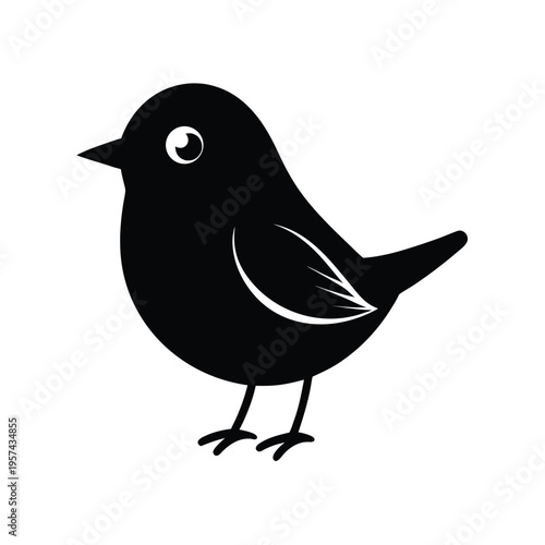 Cute cartoon black silhouette of a small, plump bird with big eyes and a beak