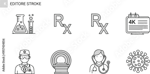 Flat design medical and pharmacy icons set with prescription symbols and healthcare professionals in 4K editor stroke style