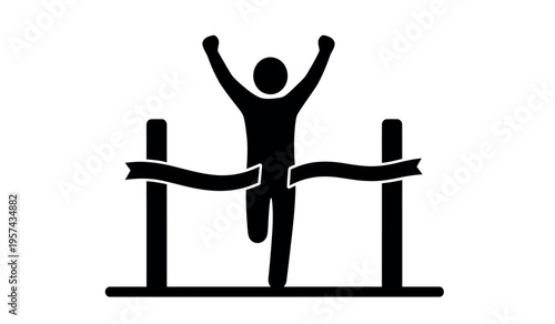 Victorious athlete crossing finish line with arms raised in triumph and jubilation