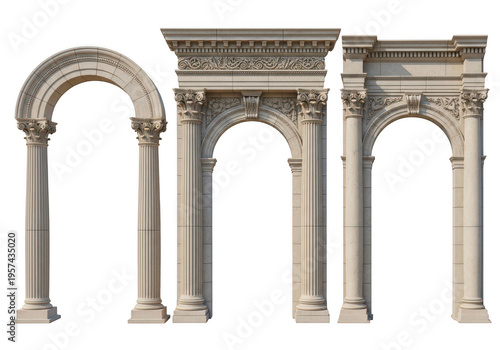 Three distinct architectural stone arches with ornate classical columns and detailed entablatures