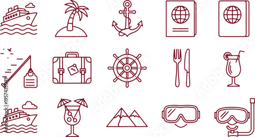 Collection of travel and vacation-themed icons representing various activities and items