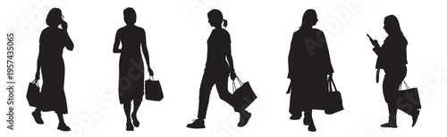 Silhouettes of women holding shopping bags and walking.  Full length. Black vector illustration isolated on white background.