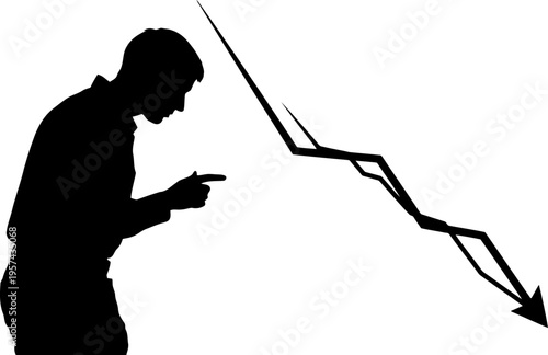 silhouette of person analyzing downward graph with concern posture, financial loss analysis concept.