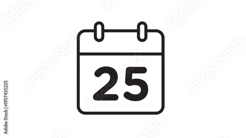 Calendar page icon with the number twenty-five highlighted, representing a specific date or event with minimalist black outline design on a white