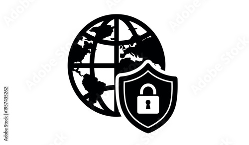 Global cybersecurity and protection concept with lock and shield