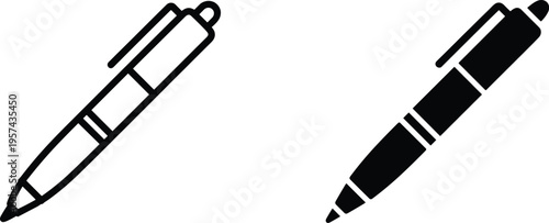 Minimalist ballpoint pen icon set for writing and stationery, black and white line art and solid silhouette vector illustration for office supplies and education.
