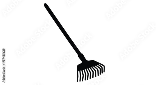 Black garden rake depicted in a stark minimalist silhouette