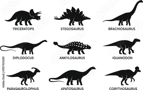nine dinosaurs in silhouette vector illustration