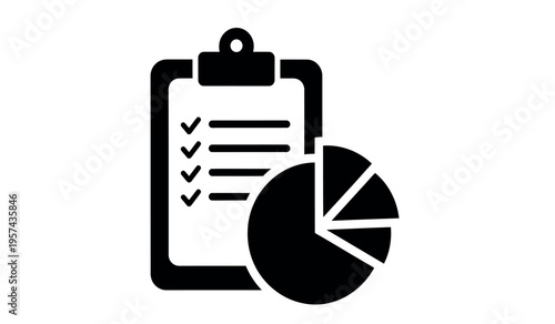 Clipboard with checklist and pie chart icon for data analysis and statistics reporting
