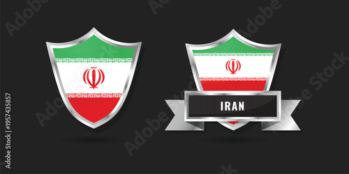 Professional glossy silver shield and banner featuring the national flag of Iran, designed for Middle Eastern branding, culture, and patriotic identity graphics.