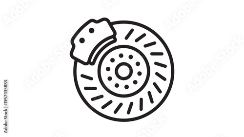 Brake disc and caliper icon with ventilated rotor and pads for automotive repair and service featuring car parts, vehicle, transportation with