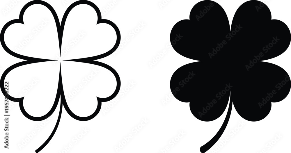 Obraz premium Outlined and solid four leaf clover vector illustration, black and white symmetrical lucky charm design, nature inspired decorative symbol for graphic design and pattern art