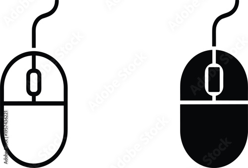 Outlined and solid computer mouse vector icons, black and white technology design symbols, modern digital device illustration for user interface, web graphics, and creative projects