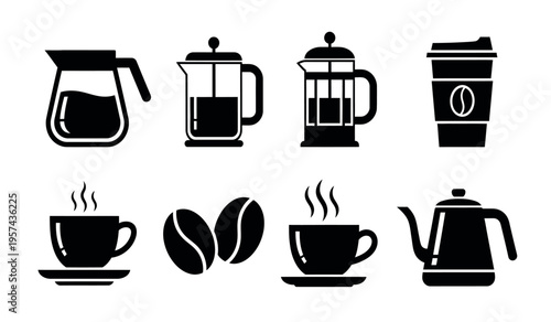 Coffee and tea brewing methods and accessories icon set