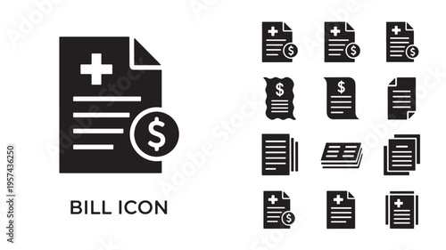Bill icons with medical cross and dollar coin symbols, representing healthcare costs and financial transactions.