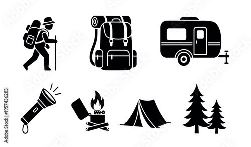 Camping and hiking icons for outdoor adventures and travel planning essentials